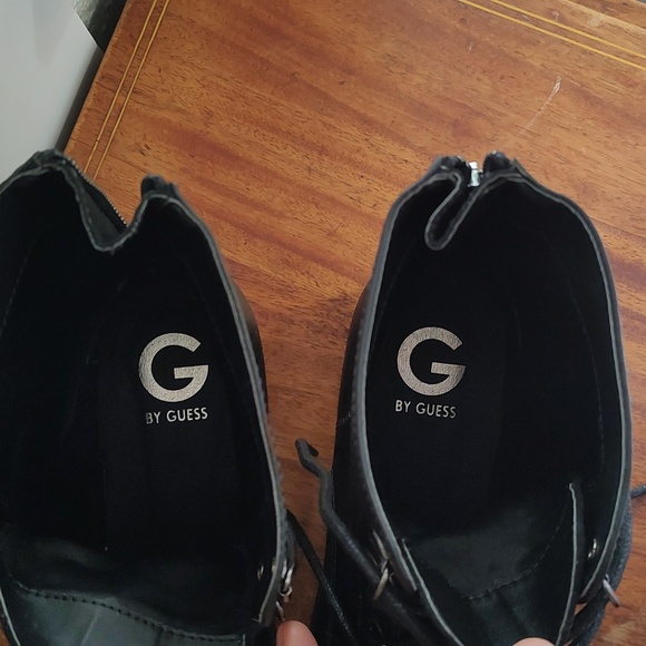 G by Guess Lace Up Boots Sparkle Tongue Motoboho Combat Heel Zip Black - Picture 9 of 11